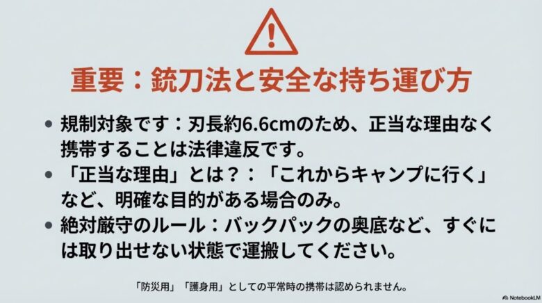 刃渡りによる規制、正当な理由の定義、バックパックの奥底に収納するなどの運搬ルールをまとめた注意喚起スライド