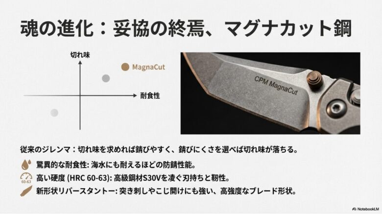 マグナカット鋼の優れた切れ味と驚異的な耐食性を、従来の鋼材のジレンマと比較して示すグラフとリバースタントー形状のブレード画像