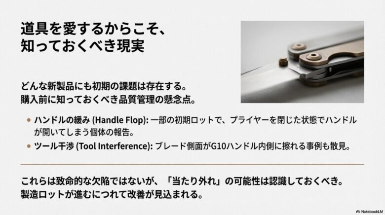 一部の初期ロットで報告されているハンドルの緩みやツール干渉についての注意喚起スライド。
