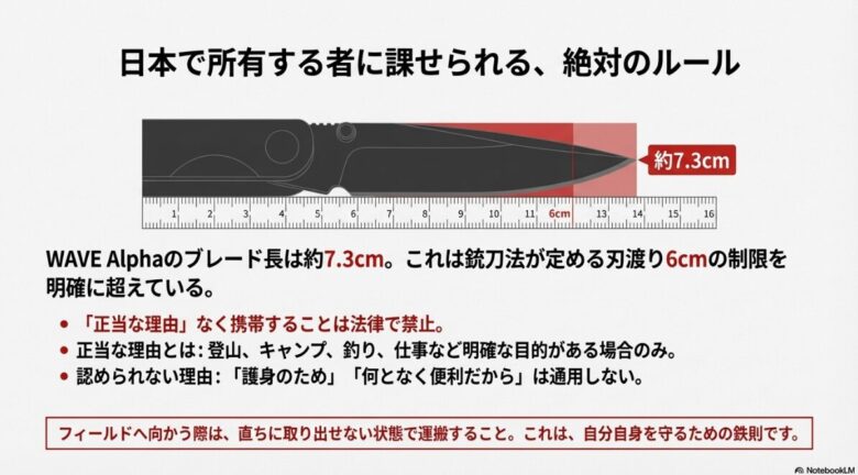 WAVE Alphaの約7.3cmのブレード長が、日本の銃刀法で定める6cmの制限を超えていることを示す比較図