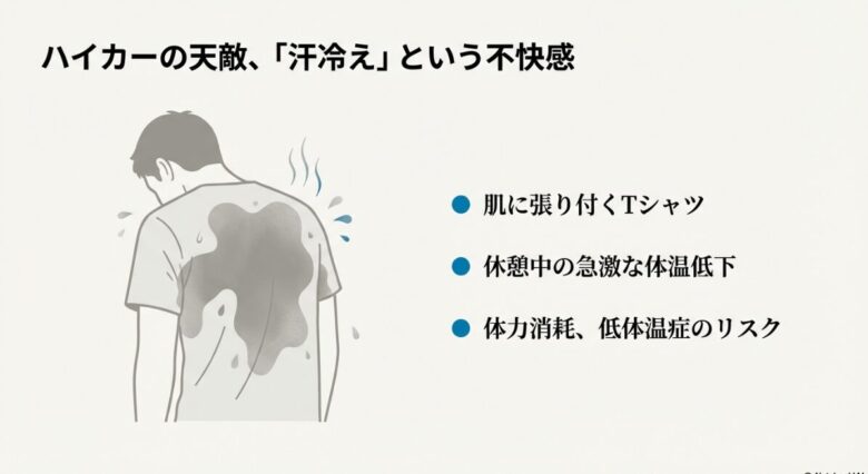 背中が汗で濡れている男性のイラスト。不快感や体温低下、体力消耗のリスクを示している。