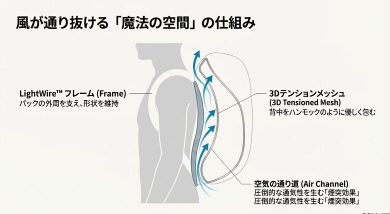 オスプレーハイクライトの断面図。背面のメッシュパネルと本体の間に空間があり、空気が通り抜ける様子を示す青い矢印。