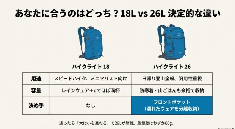 左側にハイクライト18、右側にハイクライト26のイラスト。26Lにはフロントポケットがあることが視覚的に強調されている。