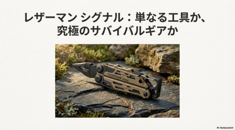 背景に岩場と苔を配したレザーマン・シグナルの製品写真。「単なる工具か、究極のサバイバルギアか」というキャッチコピーが入ったタイトルスライド