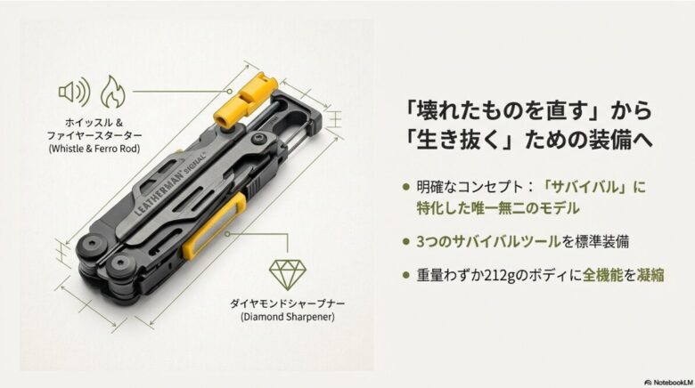 シグナルの本体構造を示した図解。ホイッスル、ファイヤースターター、ダイヤモンドシャープナーの配置と、重量212gに全機能を凝縮したコンセプトを説明するスライド。