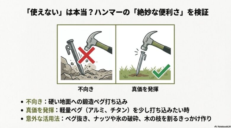 ペグ打ちのイラスト。硬い地面への鍛造ペグ打ちは不向きだが、アルミやチタンの軽量ペグの打ち込みやペグ抜きには真価を発揮することを説明するスライド