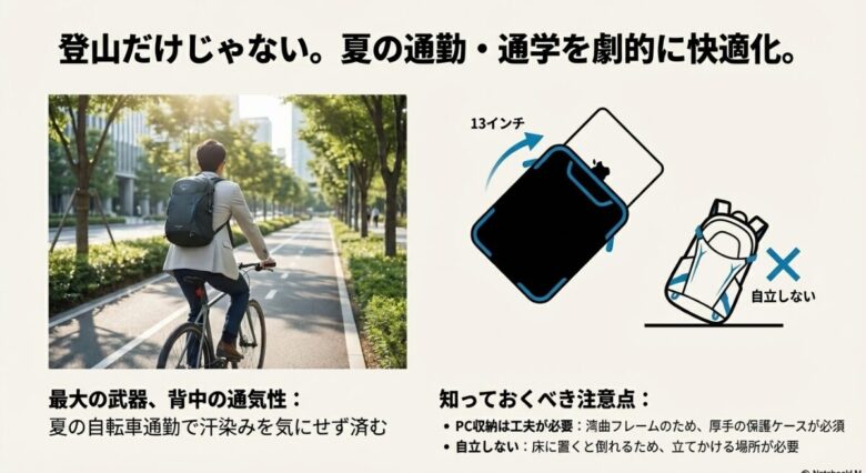 スーツ姿でバックパックを背負い自転車に乗る男性の後ろ姿。PC収納時にはケースが必要であることの注意書き