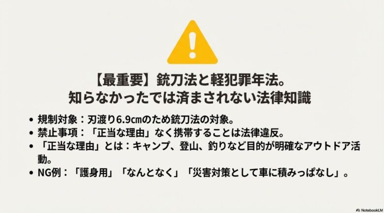 刃渡り6.9cmのため銃刀法規制対象であることを強調し、護身用や積みっぱなしがNGであることを明示した法律警告スライド