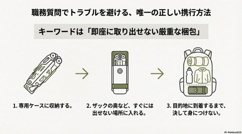 ザックの中にマルチツールを収納するイラスト。専用ケースに入れ、すぐに出せない場所にパッキングし、目的地まで身につけないという3つのポイントを解説したスライド