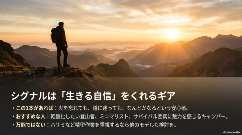 シグナルを持つことで得られる安心感と、軽量化したい登山者やミニマリストにおすすめであることをまとめたスライド