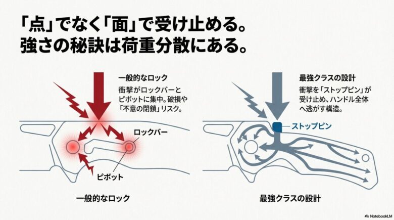 一般的なロックと最強クラスの設計における衝撃分散の図解。ストップピンが衝撃をハンドル全体に逃がす仕組み