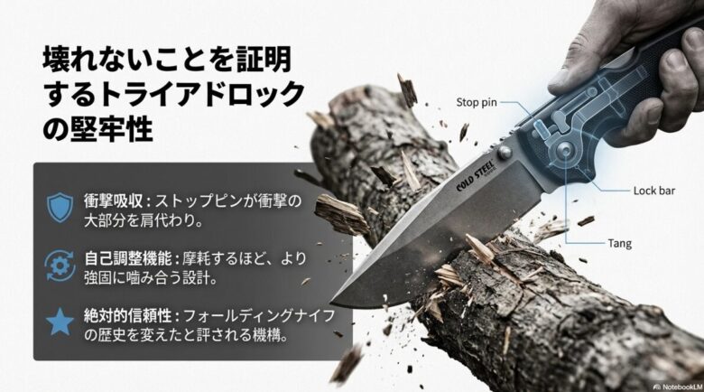 トライアドロックの構造図。ストップピンによる衝撃吸収と、摩耗するほど強固に噛み合う自己調整機能の解説