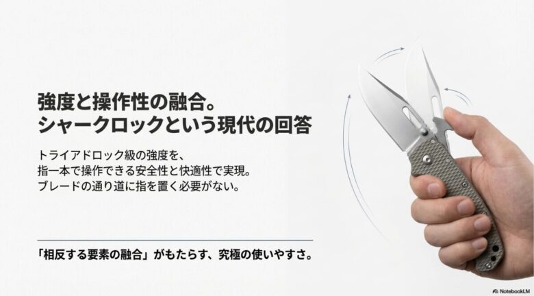 シャークロックを指一本で操作する様子と、ブレードの通り道に指を置かずに済む安全設計の解説