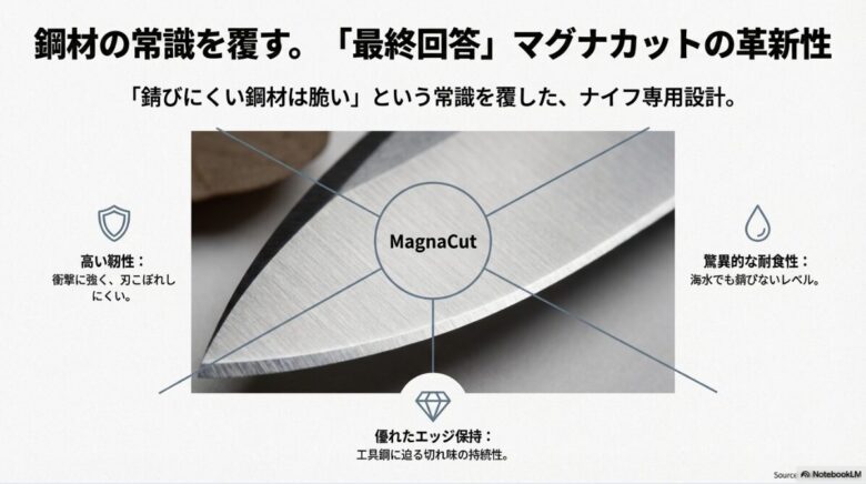 マグナカット鋼材の「高い靭性」「優れたエッジ保持」「驚異的な耐食性」を示す図解