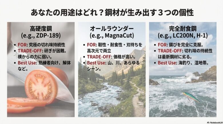 高硬度鋼（ZDP-189）、オールラウンダー（MagnaCut）、完全耐食鋼（LC200N/H-1）の特性と適したシーンの比較