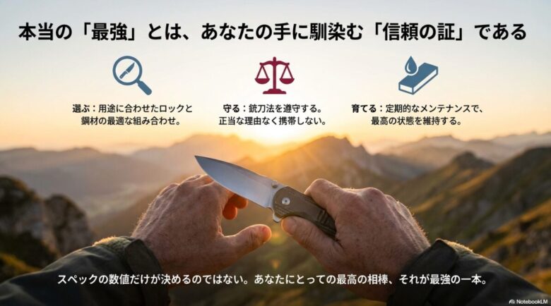 用途に合わせた組み合わせ、法遵守、メンテナンスを通じてナイフを育てることの重要性についてのまとめ