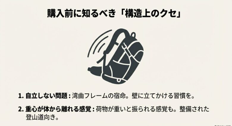 バックパックが自立せずに倒れてしまう様子を描いたアイコンと、重心が体から離れる構造についての注意書き