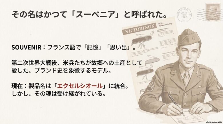 スーベニアがフランス語で「記憶」「思い出」を意味すること、現在は「エクセルシオール」に名称統合されていることを説明するスライド