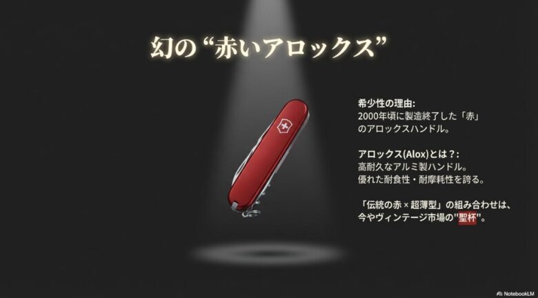 2000年頃に製造終了した赤いアロックスハンドルの写真。希少性の理由として高耐久なアルミ製であること、ヴィンテージ市場の「聖杯」であることを説明
