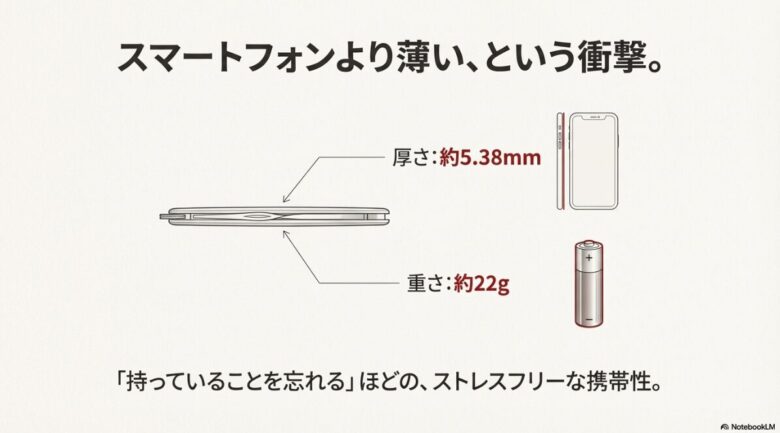 スーベニアの厚さが約5.38mm、重さが約22gであることを示す図。スマートフォンより薄く、単三電池1本分程度の重さであることを視覚的に表現したスライド