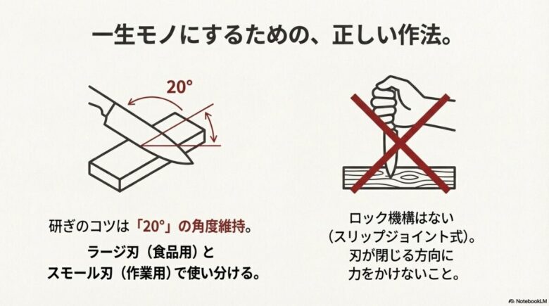 研ぎの角度を20度に維持するイラストと、ロック機構がないため刃が閉じる方向に力をかけてはいけない（バツ印のイラスト）という注意書き