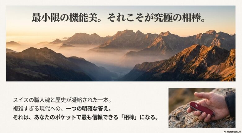 山脈の風景と、手に馴染む赤いナイフの写真。「スイスの職人魂と歴史が凝縮された一本。ポケットで最も信頼できる相棒になる」というメッセージ。