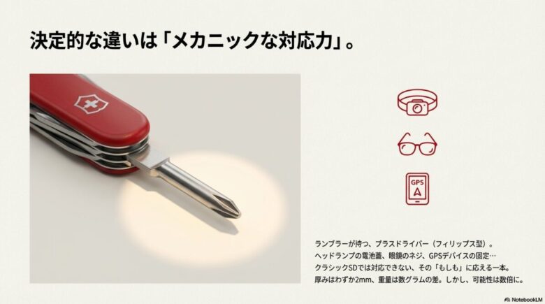 クラシックSDにはない、ランブラー独自のプラスドライバー（フィリップス型）をクローズアップした画像。ヘッドランプやGPSデバイスなどのメカニックな修理への対応力を強調。