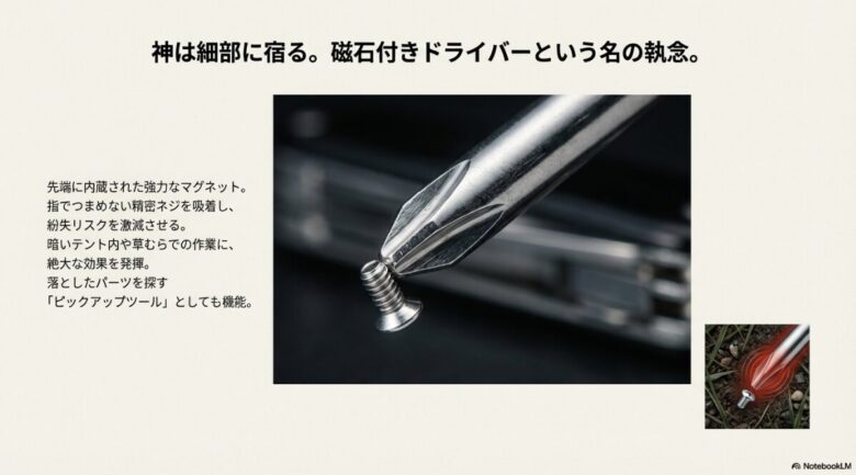 プラスドライバーの先端に内蔵された強力なマグネットが精密ネジを吸着している様子。暗い場所や草むらでのパーツ紛失リスクを激減させるピックアップツールとしての機能を紹介。