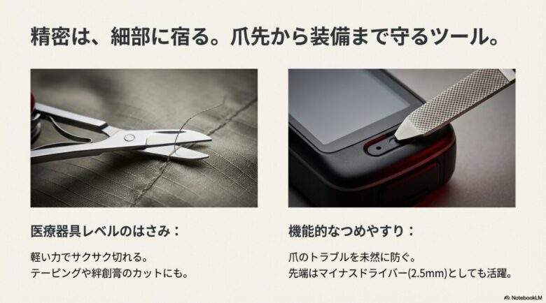 軽い力で切れる高精度なはさみで糸を切る様子と、先端がマイナスドライバーとしても機能するつめやすりでデバイスを操作する様子の2枚の写真。