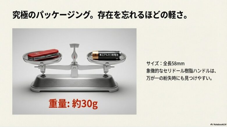 天秤ばかりの一方にランブラー、もう一方に単三アルカリ乾電池が載っており、ほぼ同じ重量（約30g）であることを示す比較画像。全長58mmのコンパクトさも併記。