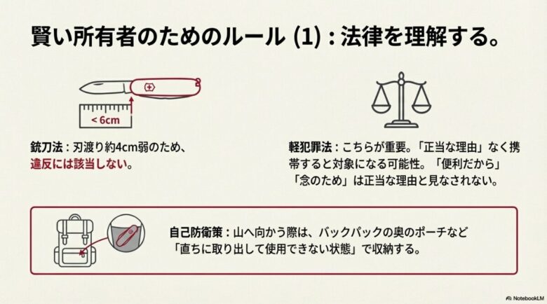 刃渡り6cm未満で銃刀法には該当しないこと、一方で軽犯罪法を考慮して「直ちに取り出せない状態」でバックパックに収納することを推奨するイラスト解説スライド。