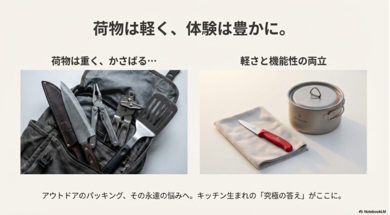 登山ザックに入った重い調理器具と、対照的に軽くコンパクトなビクトリノックスのパーリングナイフを比較したイメージ画像