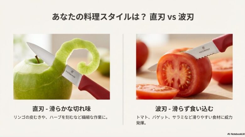 リンゴの皮むきに適した直刃と、トマトのカットに適した波刃のそれぞれの特徴を説明したスライド画像