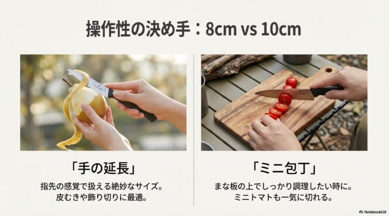 梨の皮むきをする8cmモデルと、まな板の上でミニトマトを切る10cmモデルの操作イメージを比較した画像