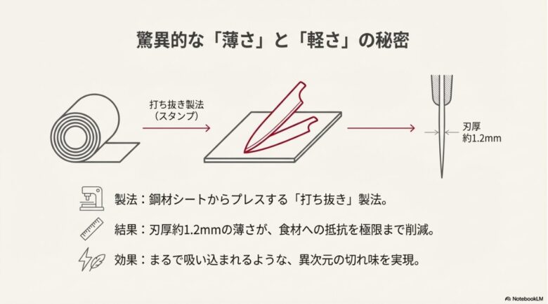 鋼材シートからプレスする打ち抜き製法により、刃厚約1.2mmという薄さを実現し、切れ味を高めている仕組みの図解。