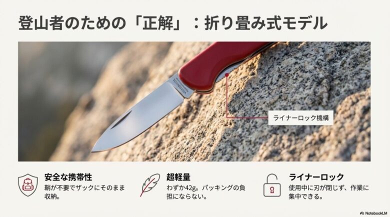 わずか42gの超軽量折り畳みナイフと、安全な作業を支えるライナーロック機構のクローズアップ画像