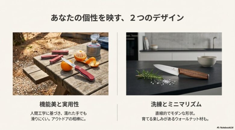 人間工学に基づいたスイスクラシックのハンドルと、ウォールナット材を使用した洗練されたスイスモダンの比較画像