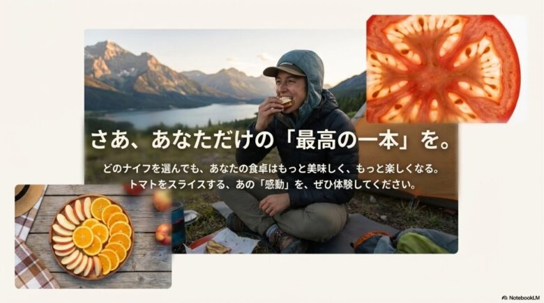「トマトをスライスする、あの感動を体験してください」というメッセージ入りのクロージング画像