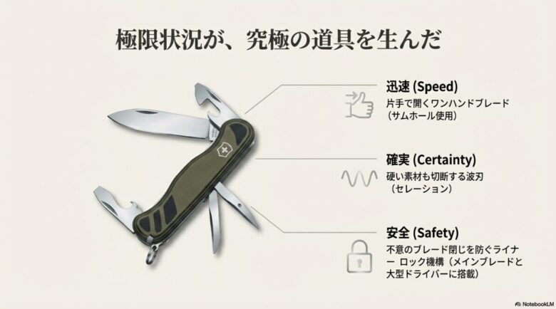 ワンハンドブレード、波刃（セレーション）、メインブレードと大型ドライバーに搭載されたライナーロック機構を解説するスライド