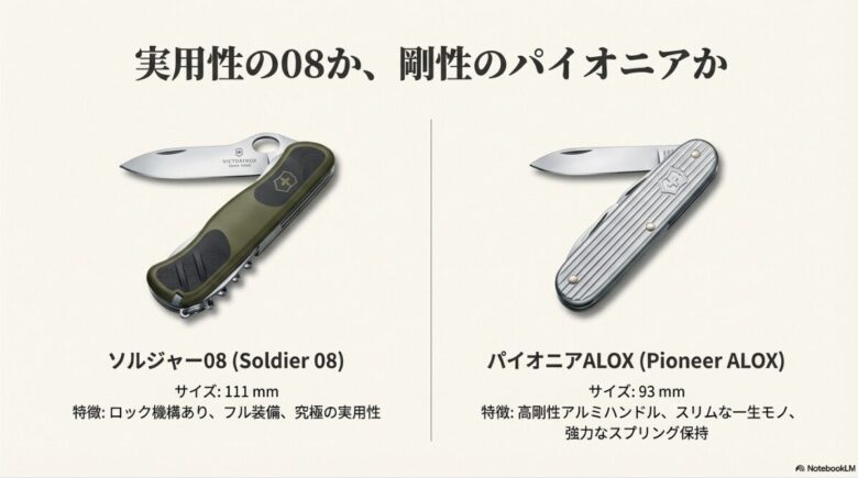 実用性のソルジャー08（111mm）と剛性のパイオニアALOX（93mm）の製品画像を並べ、それぞれの特徴をまとめたスライド