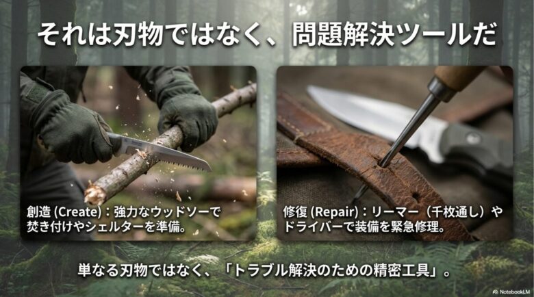 ウッドソーによる焚き付け作りや、リーマー・ドライバーによる装備修理を解説する、問題解決ツールとしてのスライド