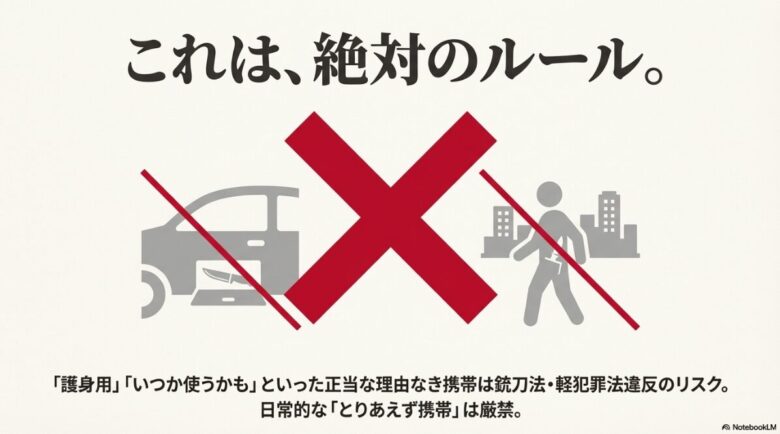 車内放置や街中での携帯に大きな×印をつけ、正当な理由なき携帯が法違反になるリスクを警告するスライド