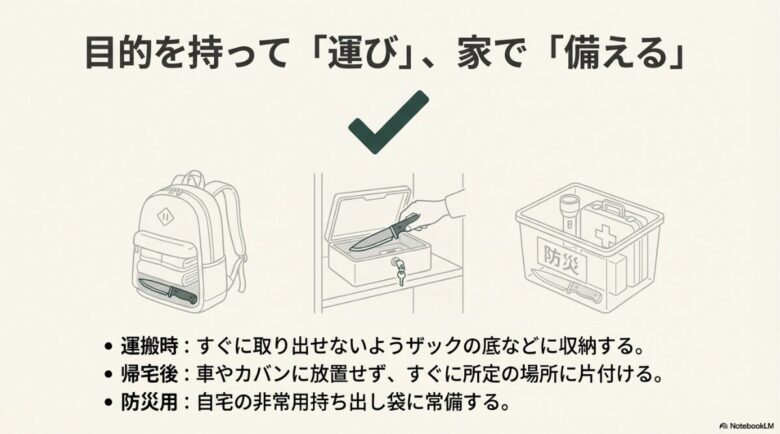 ザックの底への収納や、自宅の非常用持ち出し袋への常備など、目的を持った「運び」と「備え」をイラストで解説するスライド