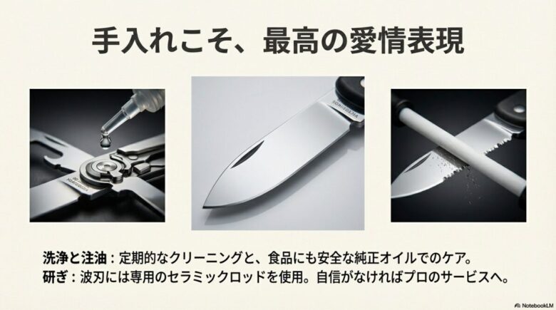 ツールへの注油シーンと、専用セラミックロッドによる波刃の研ぎ方を解説するメンテナンスのスライド