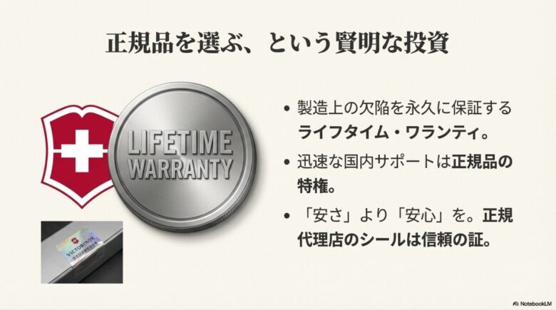 ビクトリノックスの正規代理店ホログラムシールと、永久保証（ライフタイム・ワランティ）の内容を解説するスライド