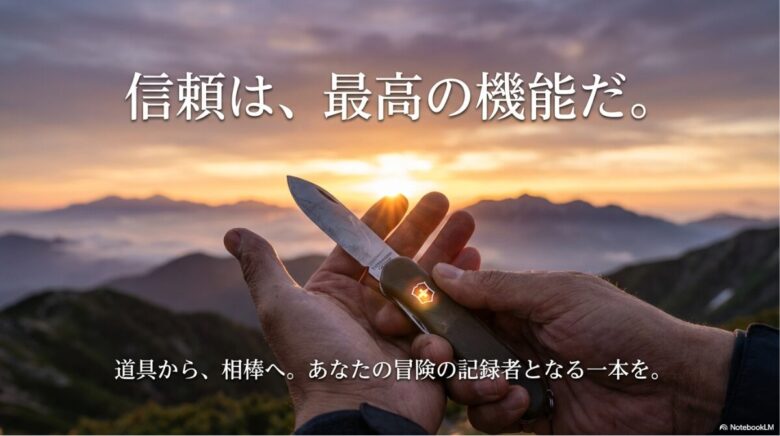記事の締めくくりとして、道具があなたの冒険の記録者（相棒）となることを伝えるメッセージスライド