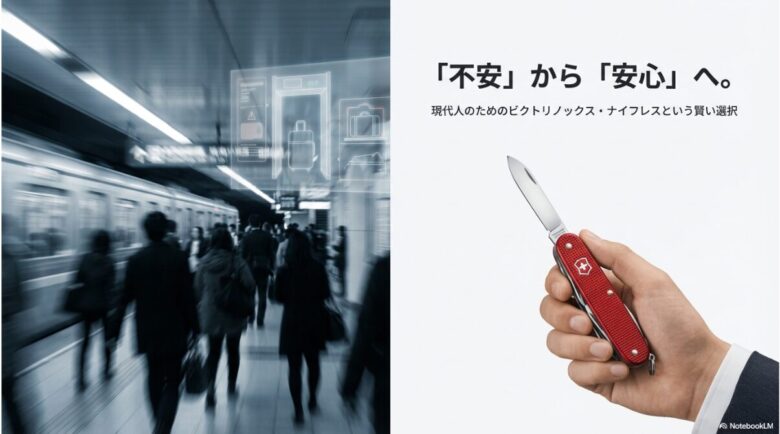 「不安から安心へ」というキャッチコピーと、現代人の賢い選択としてのビクトリノックス・ナイフレスを紹介するタイトルスライド