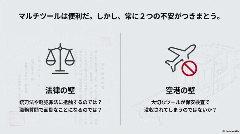 法律（銃刀法・軽犯罪法）の壁と、空港（保安検査での没収）の壁という、ユーザーが抱く2つの不安を天秤のイラストで表現した図解