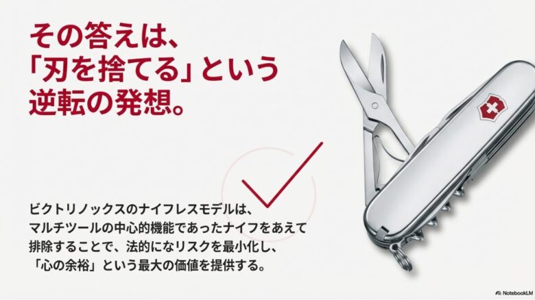 ナイフを排除することで法的リスクを最小化し、「心の余裕」を提供するというナイフレスモデルのコンセプト説明