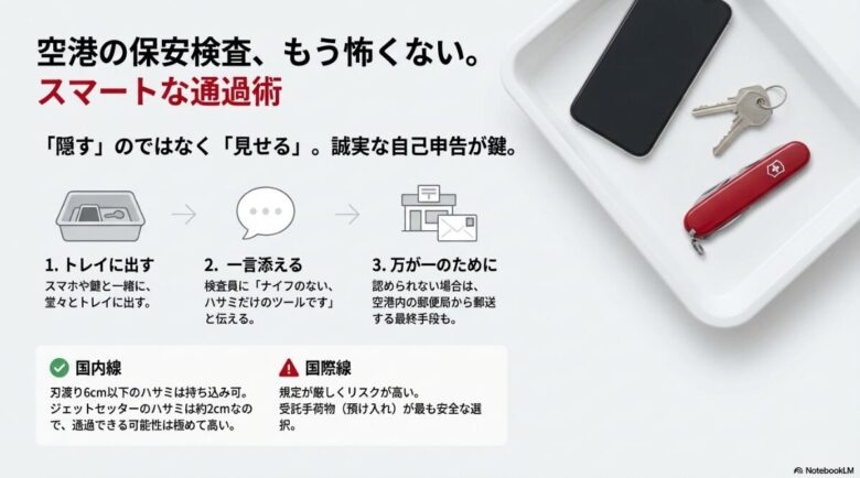 1.トレイに出す、2.一言添える、3.万が一の郵送という、国内線・国際線それぞれの対策をまとめたフロー図。